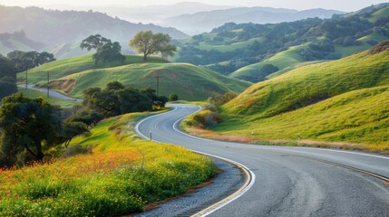 The winding road of a snaking highway leads up a steep incline revealing a picturesque countryside with rolling hills and vibrant . AI generation.