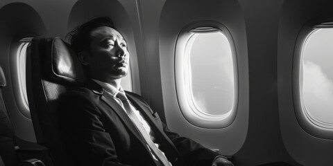 Man sitting in airplane looking out window, suitable for travel concept