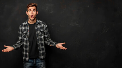 A man is standing in front of a black wall with a puzzled look on his face. He is wearing a black shirt and blue jeans