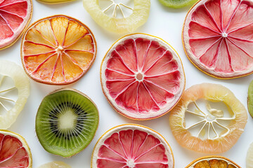 dried citrus fruit of kiwi, orange and lemon slices background