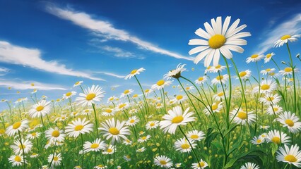 Daisy flower, field, background, spring and summer natural landscape with blooming field of daisies