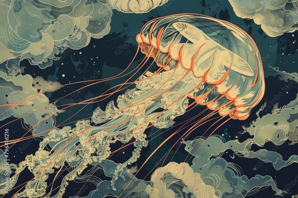 Poster a serene image of a jellyfish floating in the ocean. ideal for marine-themed designs