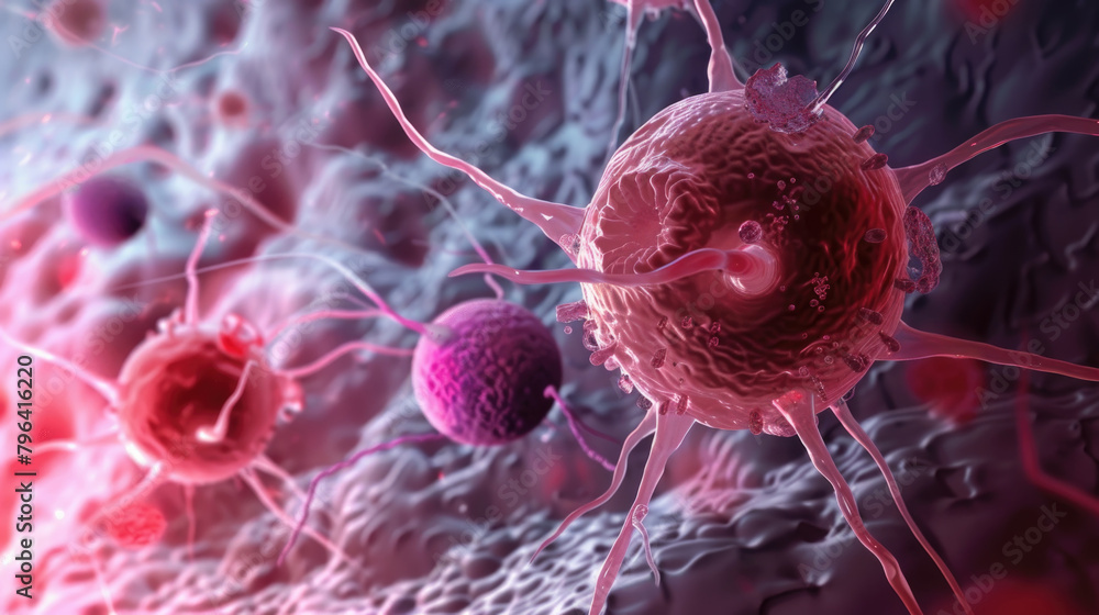 Poster a group of red and pink cells clustered together inside a cell, showing intricate cellular structure