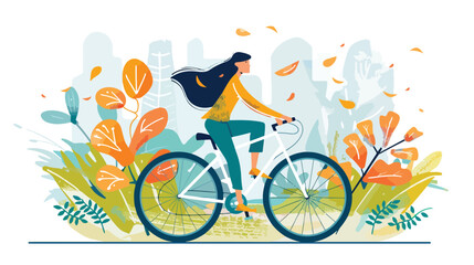 Cycling landing page. Woman riding bicycle in the park