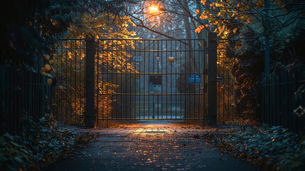 Evening descends on an urban parking gate with a clear, open path illuminated gently