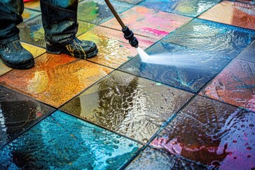 A person using a hose to clean a tiled floor. Suitable for cleaning services advertisement