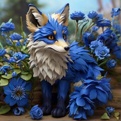 Obraz premium Cute white fox with coral flowers. Cartoon character with blue eyes, oil brush drawing. 3d rendering 