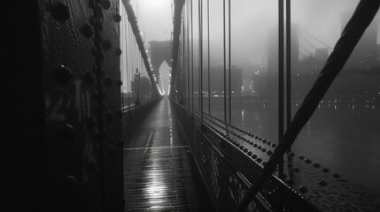 The fog obscures the view of the city below adding a touch of secrecy and seclusion to the bridge. . AI generation.