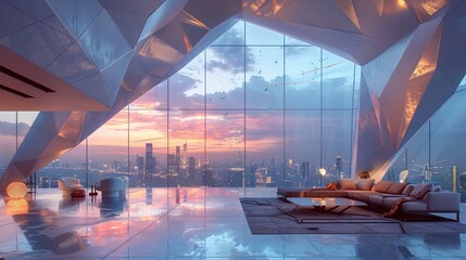 Futuristic living space with geometric ceiling and panoramic windows in a high-rise