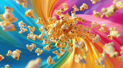 Popcorn kernels exploding in the air on a dynamic multi-colored background
