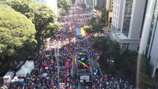 aerial view of the 27th LGBT+ Pride Parade. Avenida Paulista, in S&atilde;o Paulo, Brazil, on June 11, 2023