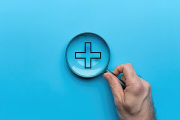 A magnifying glass over a medical cross for helth care and medical concept.