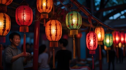 Luminous red Chinese lanterns aglow against a bokeh light background in night-time street scene. Banner with copy psace.generative.ai 