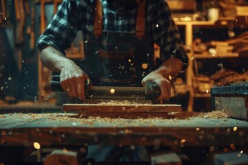 A man cutting a piece of wood in a woodworking shop. Ideal for woodworking and carpentry concepts - obrazy, fototapety, plakaty