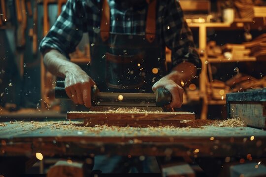 A man cutting a piece of wood in a woodworking shop. Ideal for woodworking and carpentry concepts