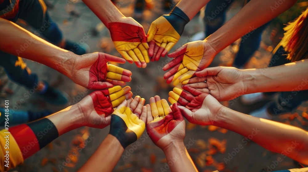Poster A group of people holding hands in a circle. Suitable for teamwork and unity concepts