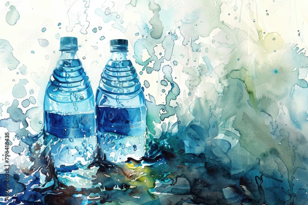 Poster Two bottles of water placed on a table, suitable for various concepts and projects
