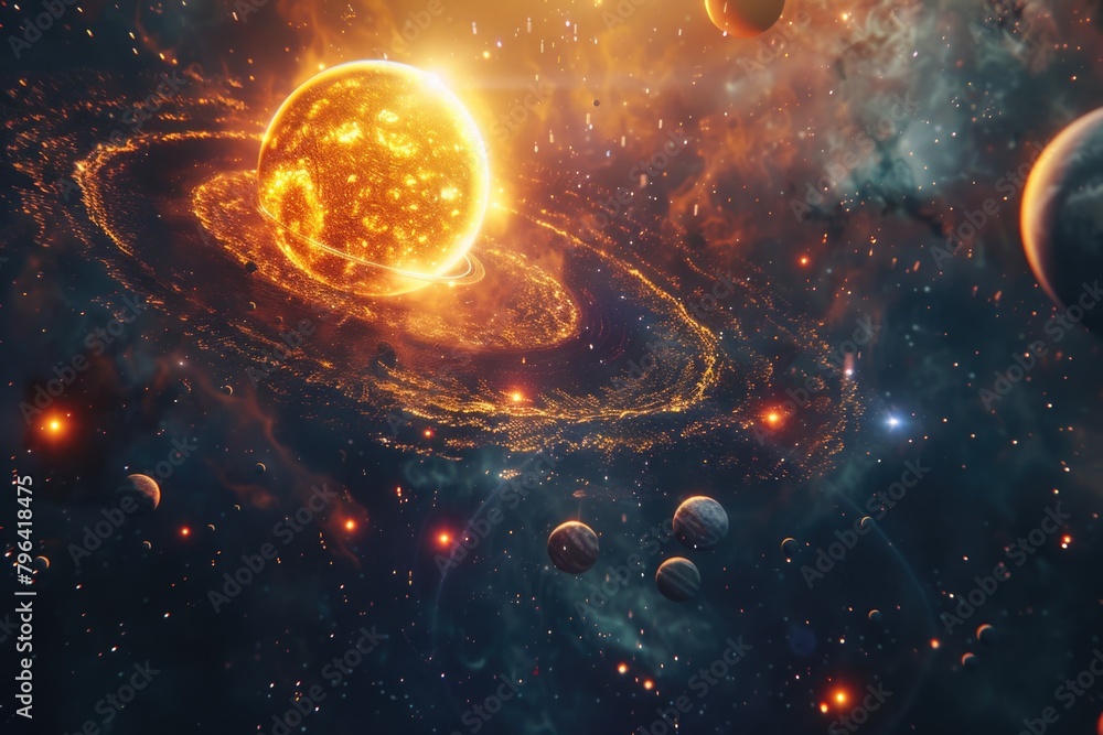 Aufkleber group of planets in the sky with a sun in the background. suitable for astronomy and space explorati