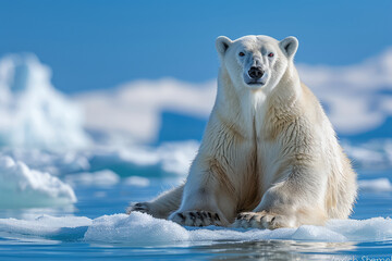 A polar bear is sitting on an ice floe. Created with Ai
