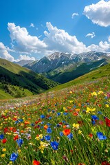 Fototapeta premium Bright colors, nature, vast grasslands, colorful flower seas, red, yellow, blue, and other colors of flowers, mountain slopes, blue sky and white clouds, snowy mountains in the background,