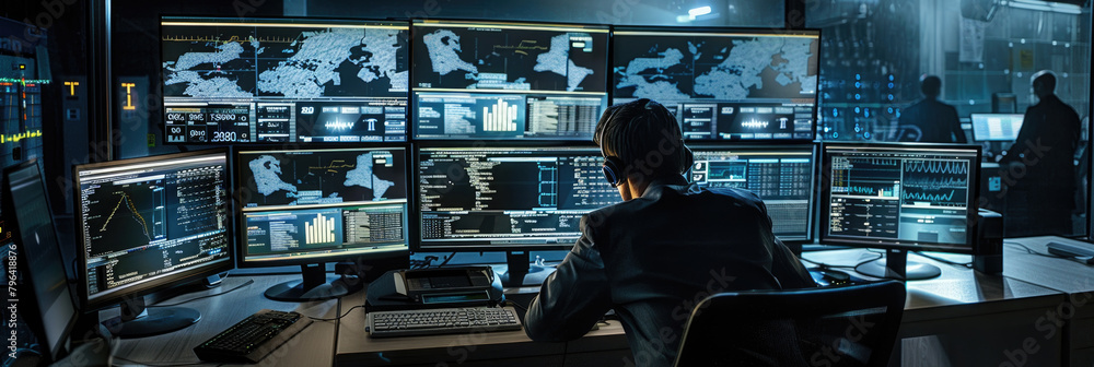 Poster a man sits at a desk with focused attention on multiple monitors displaying various data and informa