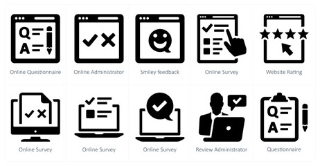 A set of 10 survey and ratings icons as online questionnaire, online adminsitrator, smiley feedback