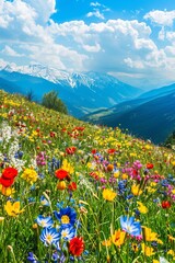 Fototapeta premium Bright colors, nature, vast grasslands, colorful flower seas, red, yellow, blue, and other colors of flowers, mountain slopes, blue sky and white clouds, snowy mountains in the background, 