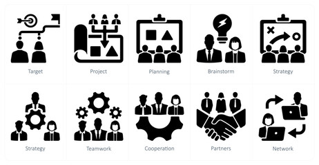 A set of 10 Teamwork icons as target, project, planning, brainstorm