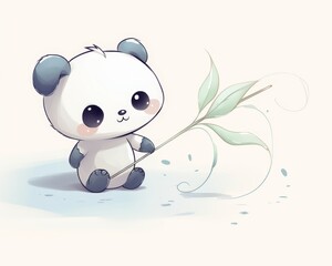 A cute cartoon panda sits on the ground holding a branch of bamboo in its paws. The panda has big black eyes and a happy expression on its face. The background is white with a few splashes of water.