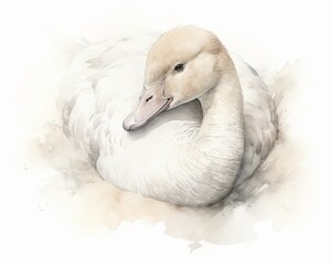 A cute duck with a light brown head and white body in a watercolor style