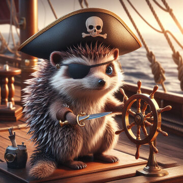 Hedgehog pirate on the captain's bridge of a sailboat.