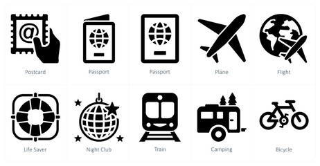 A set of 10 Travel and vacation icons as postcard, passport, plane