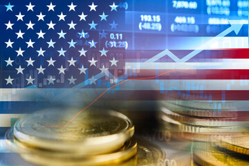Stock market investment trading financial, coin and USA America flag , finance business trend data...