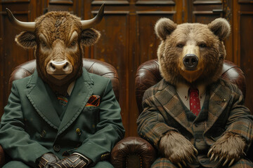A painting of two anthropomorphic bears in suits sitting on armchairs, one bear is wearing a green suit and the other a brown suit with a red tie. Created with AI