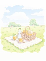A picnic basket with bread, cheese, and a bottle of milk on a blanket in a field