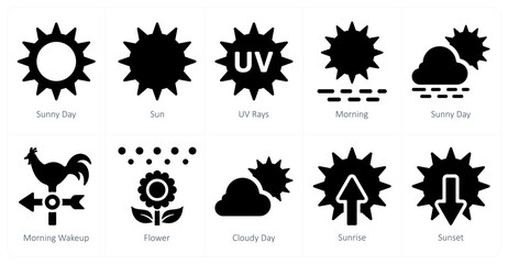A set of 10 Weather icons as sunny day, sun, uv rays - obrazy, fototapety, plakaty