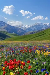Fototapeta premium Bright colors, nature, vast grasslands, colorful flower seas, red, yellow, blue, and other colors of flowers, mountain slopes, blue sky and white clouds, snowy mountains in the background,
