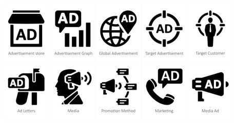 A set of 10 ads and marketing icons as advertisement store, advertisement graph, global advertisement