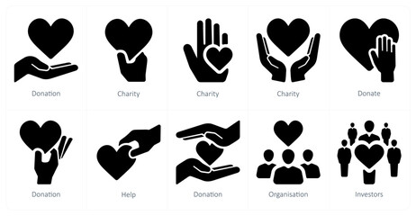 A set of 10 crowdfunding icons as donation, charity, donate - obrazy, fototapety, plakaty