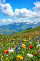 Fototapeta premium Bright colors, nature, vast grasslands, colorful flower seas, red, yellow, blue, and other colors of flowers, mountain slopes, 