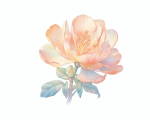 A watercolor painting of a peony in peach and blue tones, with a white background.