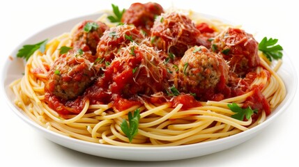 Delectable and nutritious top view of spaghetti with meatballs made from lean turkey, whole wheat pasta, and a robust homemade vegetable tomato sauce, isolated