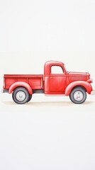 A watercolor painting of a red truck in a white background