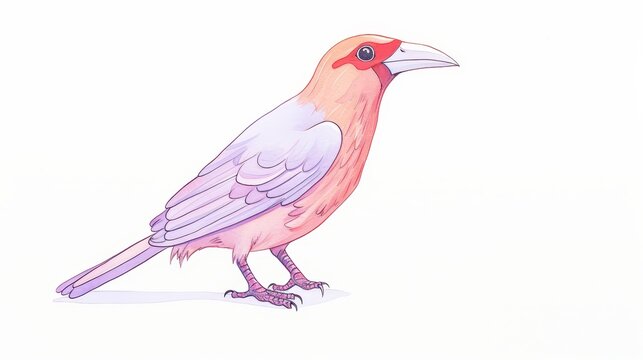 A watercolor painting of a pink bird with a red head and a white belly.