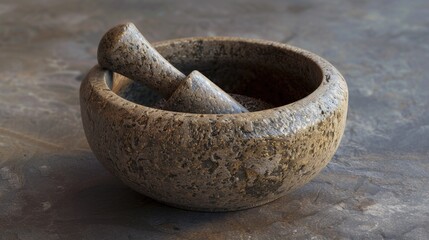 Stone mortar and pestle in a bowl, perfect for culinary or herbal use - obrazy, fototapety, plakaty
