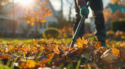 A man raking and cleaning up fallen autumn leaves .