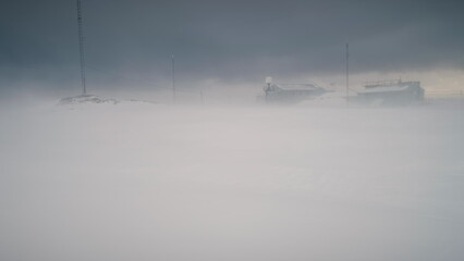 Antarctic Blizzard North Polar Station Camera View. Harsh Antarctica Climate Environment Vernadsky...