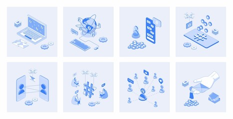 Social network 3D isometric concept set with isometric icons design web collection internet friends