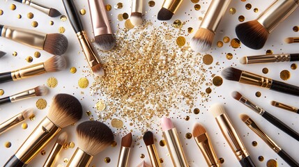 Assorted cosmetics and brushes spread out with golden glitter on white background