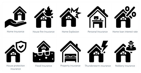 A set of 10 Insurance icons as home insurance, house fire insurance, home explosion